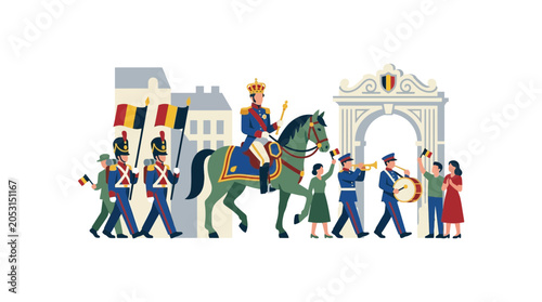 Foto Royal Parade: King on Horseback with Guards, Band and Crowd, Belgian Flags