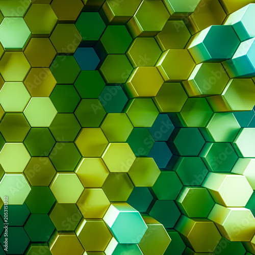 3d rendered background of patterned hexagons in vivid saturated green and yellow colors Three dimensional hex shapes in geometrical patterns for vibrant colorful scientific or technical 3d backgrounds