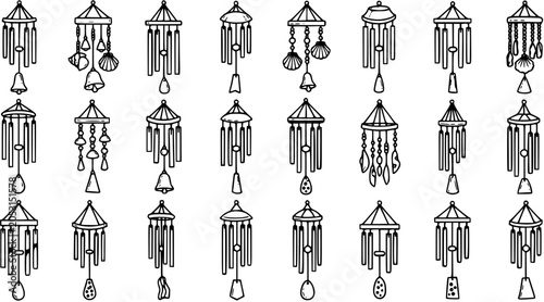 Fotografija Black and White Line Art Collection of Various Wind Chimes with Different Decora