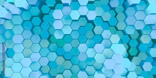 3d rendered background of patterned hexagons in light blue and teal pastels. Collage of three dimensional hex shapes in geometrical connected patterns for soft colorful 3d backgrounds.