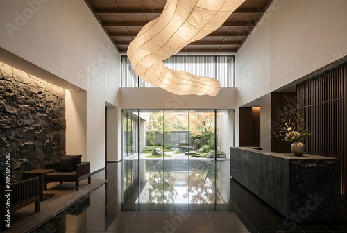 Breathtaking contemporary Japanese luxury hotel lobby interior, Aman or Hoshinoya resort aesthetic, double-height ceiling with dramatic washi paper sculptural light installation.