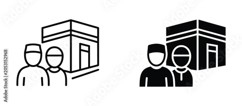 Schilderij op canvas Hajj icon set outline style Islamic pilgrimage symbols vector illustration isola
