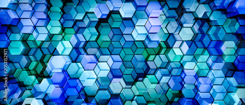 3d rendered background of abstract shapes patterned in vivid saturated blue and teal colors. Vibrant colorful collage of chaotic visual patterns for mathematical scientific or futuristic backgrounds