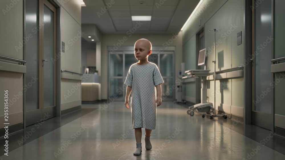 Fototapeta premium Child in Hospital Gown Walking Alone in Quiet Medical Corridor at Night