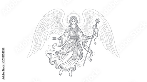 Foto Elegant Angel with Star Staff, Drawing, White Background