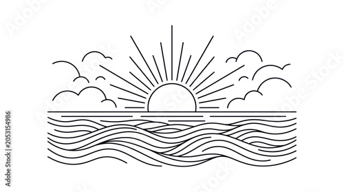 Minimalist sunrise over ocean waves, line art style, sun rays, clouds, black and white