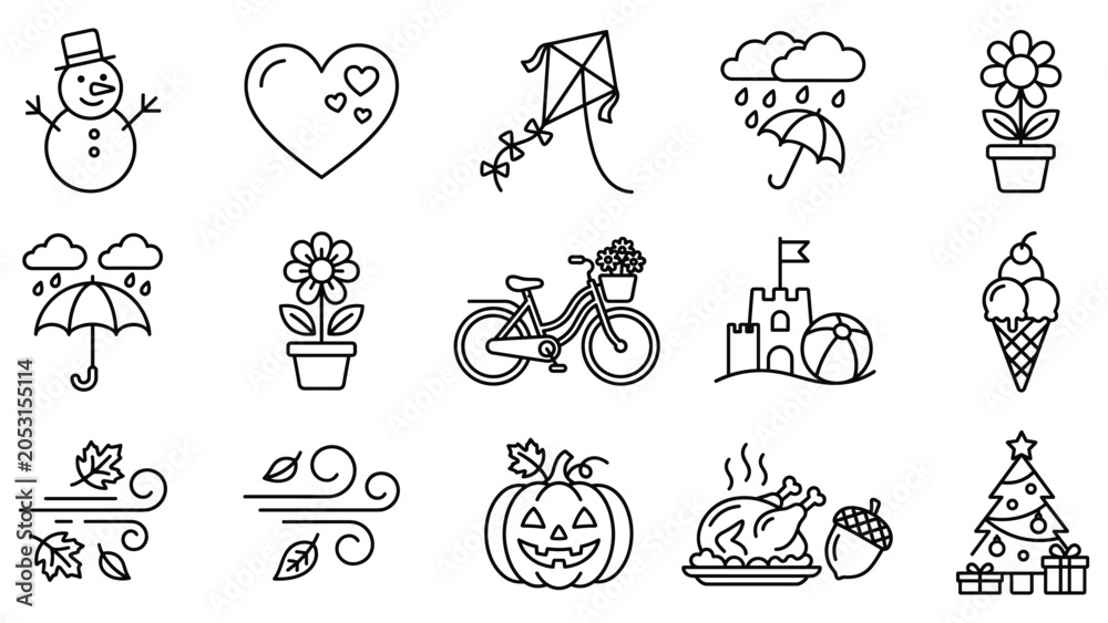 Fototapeta premium Season and weather outline icons set. collection of linear pictograms for different seasons.