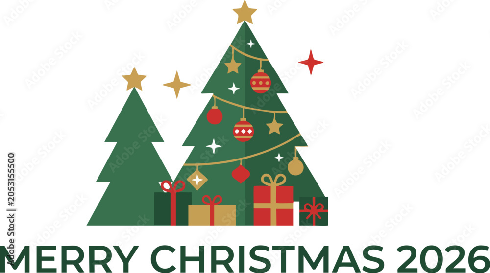Fototapeta premium Festive Christmas trees with gifts and Merry Christmas 2026 text