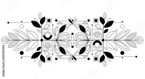 Geometric Botanical Ornament with Leaves and Circles