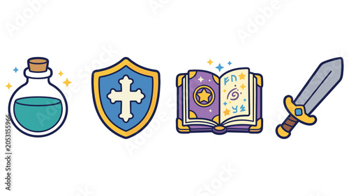 Fantasy rpg game items vector collection with magic potion shield spellbook and iron sword.