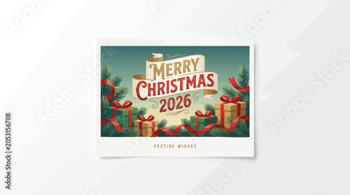 Canvastavla Merry Christmas 2026 greeting card with ribbons and gifts