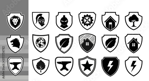 Shield Icons: Lion, Helmet, Gear, House, Tree, Earth, Leaf