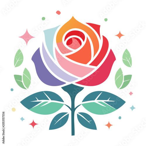 Colorful flat design rose with leaves and stars