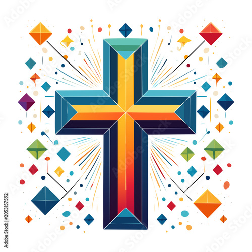 Geometric Christian Cross with Colorful Abstract Elements