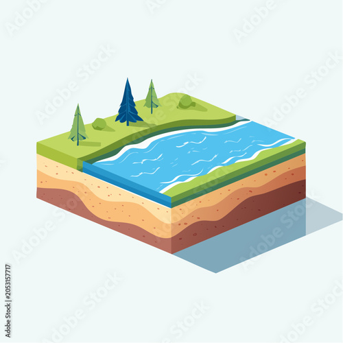 Isometric Cross-Section of River Ecosystem with Layers of Earth
