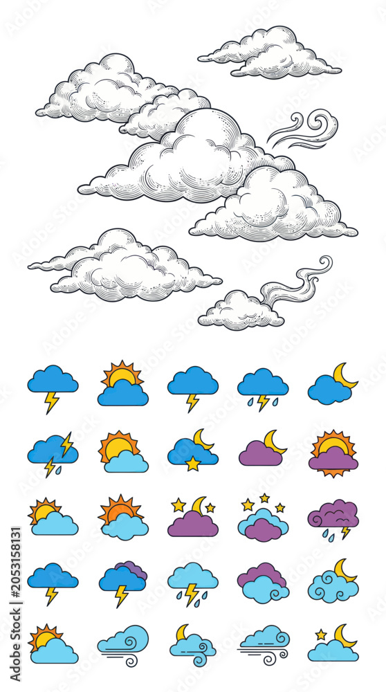 Obraz premium Hand-Drawn Weather Icons and Cloud Illustrations
