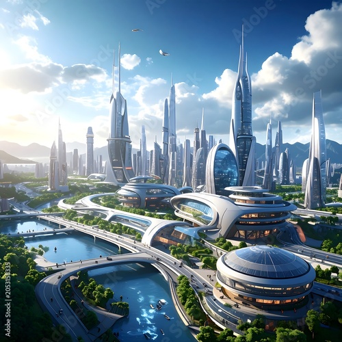 Modern city skyline with futuristic skyscrapers and highway.