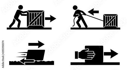 Classical Mechanics and Force Dynamics Physics Icon Set Featuring Push Pull Friction and Gravity Mockup