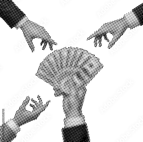 Obraz na plátně Halftone illustration of multiple hands reaching out for fan of cash money repre