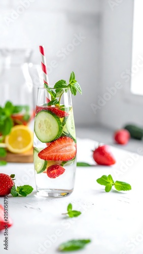 Fresh fruit and vegetable arrangement on white table.