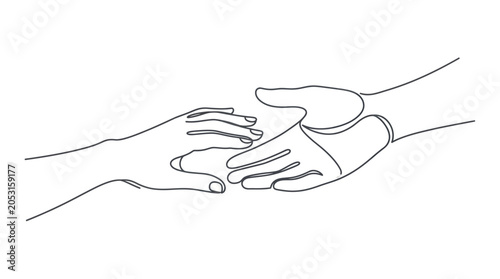 Tableau sur toile Reaching Hands, One Line Drawing, Symbolizing Connection, Support, and Friendshi