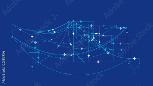 Foto Complex air traffic control network with numerous airplanes moving along flight