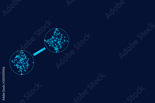 Abstract glowing blue network nodes connected by a light beam under magnification