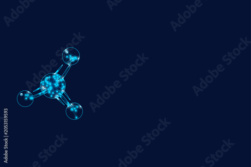 Luminous blue molecule structure glowing with interconnected digital particles on a dark background