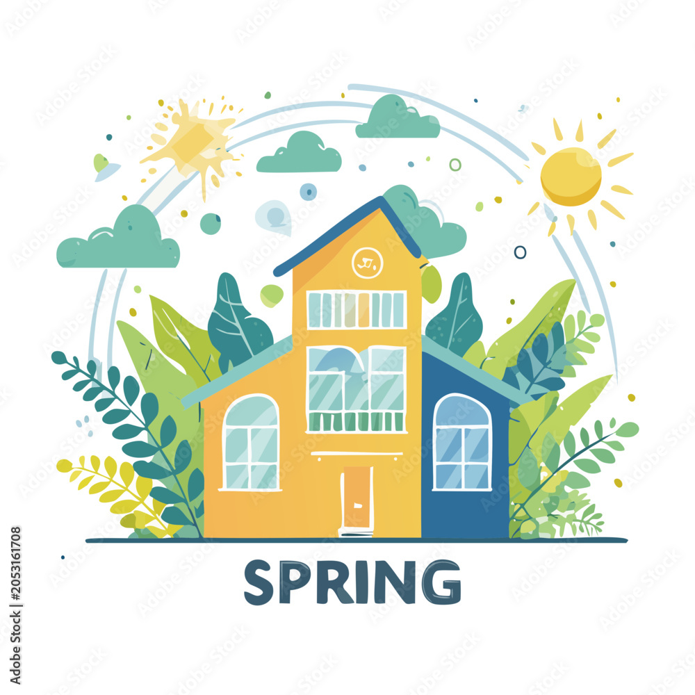 Fototapeta premium Colorful house illustration with spring elements