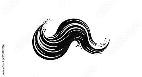Stylized black hair wave vector icon, flowing hair strand silhouette, elegant beauty salon logo element, curved hair lock with spray droplets