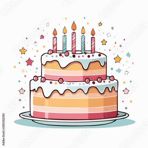 Two-Tiered Birthday Cake with Candles and Confetti