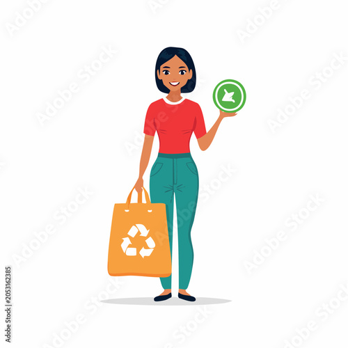 Woman with Reusable Shopping Bag and Recycling Symbol