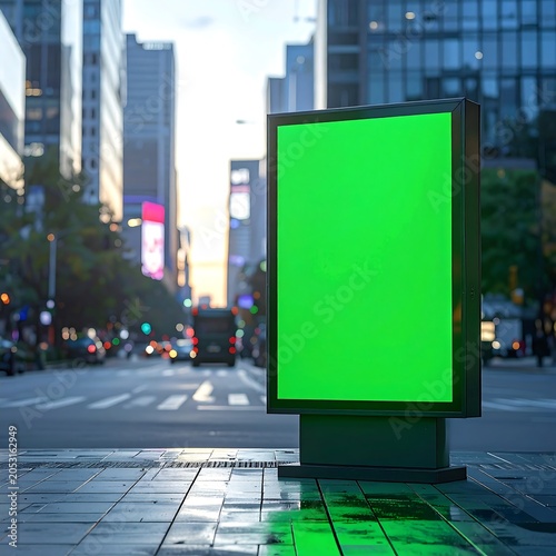 Green screen in urban city street setting.