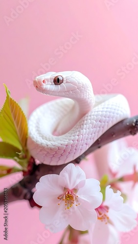 White swan swimming in pink water with flowers.