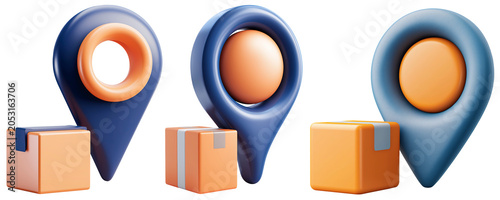 3d Rendered Location Pins with Cardboard Delivery Boxes