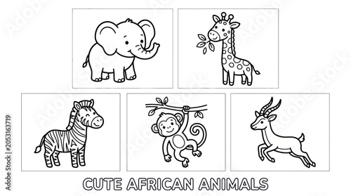 Photography Cute African Animals Coloring Pages: Elephant, Giraffe, Zebra, Monkey, Antelope