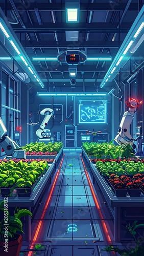 Modern office interior with green plants and technology.