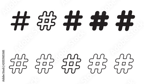 Assortment of black and outline hashtag icons suitable for various applications.