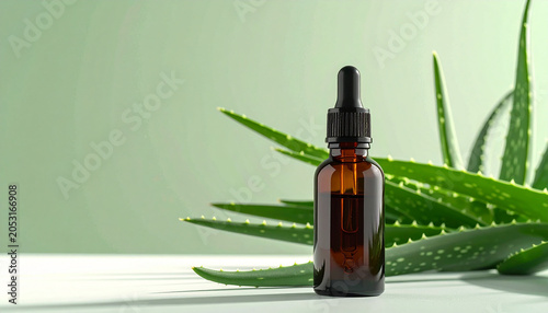 Aloe Vera Essential Oil: A dropper bottle of amber aloe vera essential oil sits next to fresh aloe vera leaves, highlighting natural skincare and wellness.
