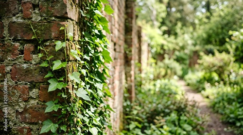 Lush ivy vines growing on an aged red brick wall in a tranquil garden