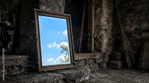 Old vintage mirror reflecting a clear blue sky in a dark abandoned room
