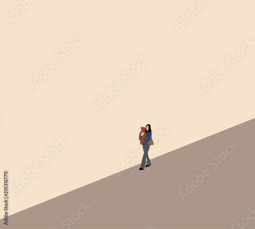 Woman carrying her brown dog walking on street, enjoying outdoor activity and pet companionship.