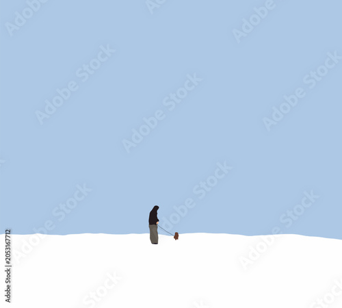Man playing with dog on snow mountain, enjoying moment of freedom. Outdoor activity and pet companionship.