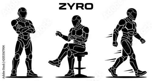 Humanoid robot silhouettes in standing sitting and running poses against a white backdrop