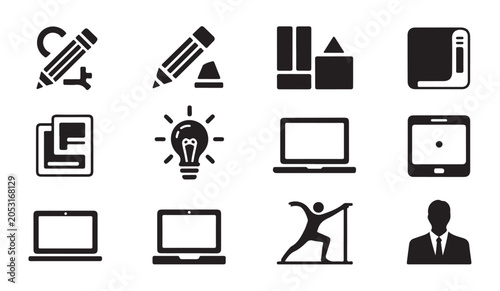 Schilderij op canvas Design and technology icon set featuring laptops light bulbs pencils and business figures