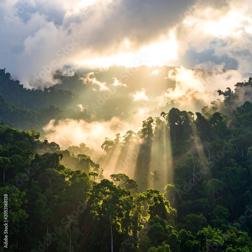 Dramatic sunrise over misty forest valley.