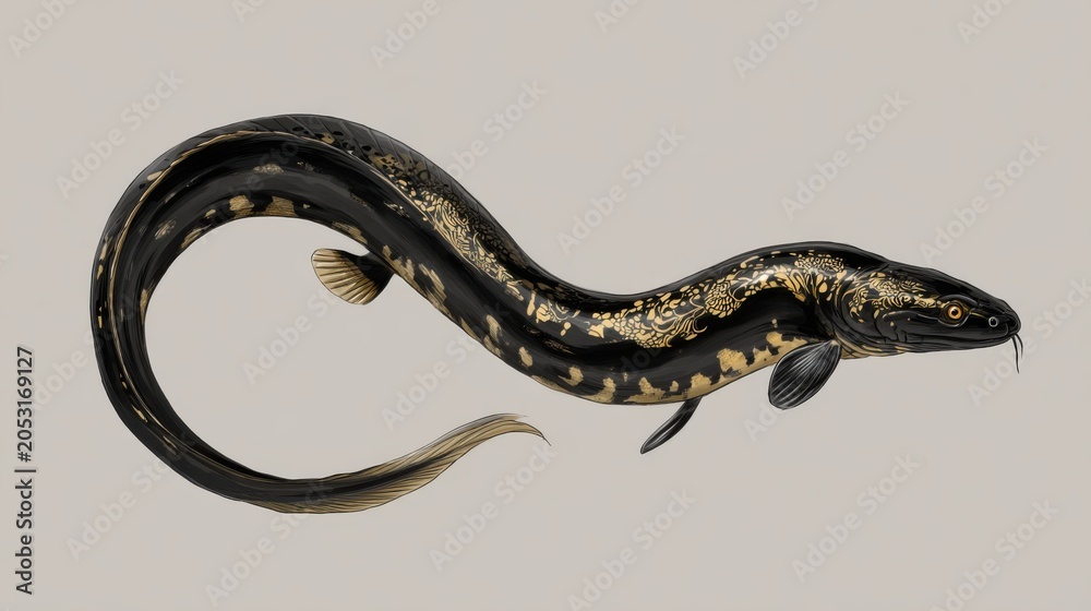 Obraz premium Elegant Black and Gold Eel with Intricate Patterns on Smooth Body