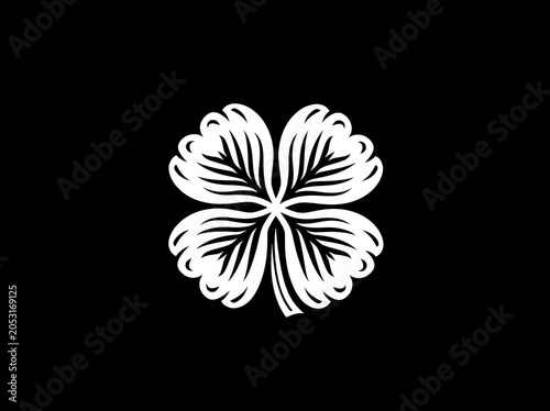 Elegant minimalist white line art logo of a stylized four-leaf clover on a black background created with Generative AI Technology, ai, generative