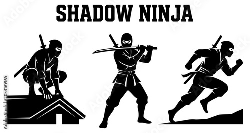 Three dynamic ninja silhouettes in action poses during a stealth mission against a stark white background