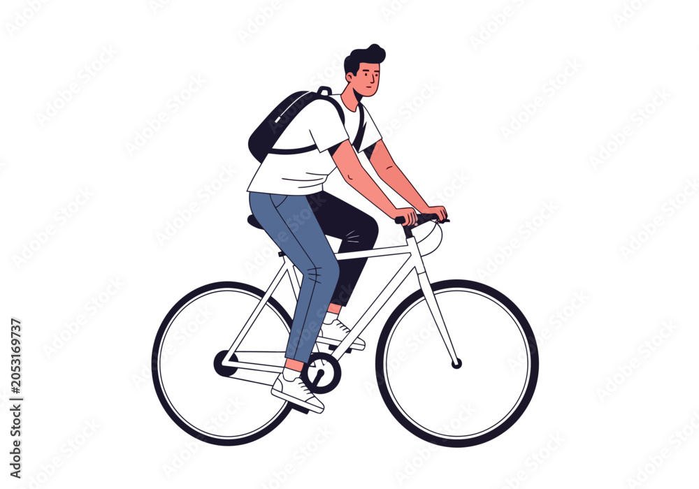 Naklejka premium A young man riding a bicycle while wearing a backpack.